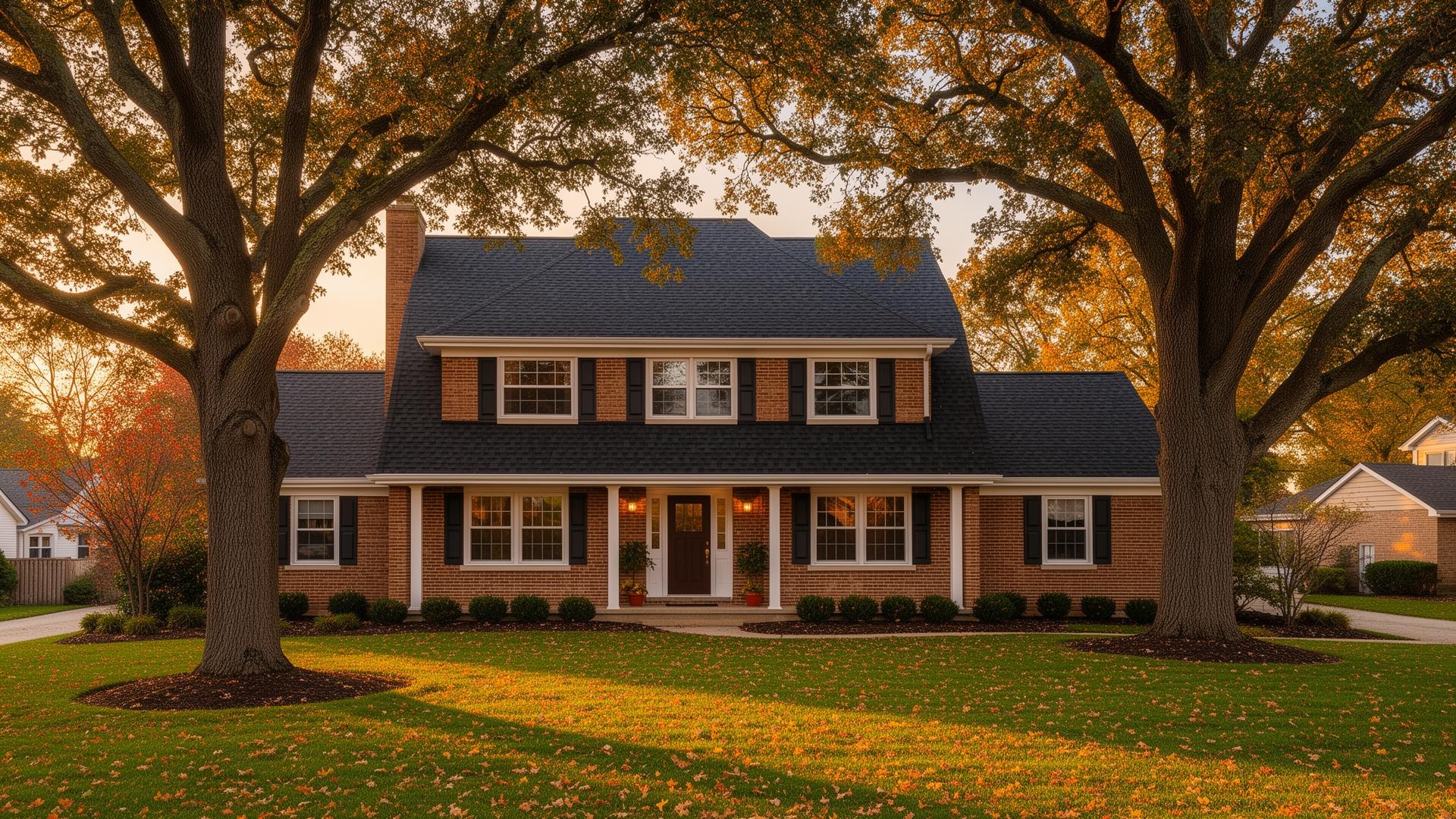 Orland Park, IL brick colonial home with new charcoal architectural shingle roof at golden hour